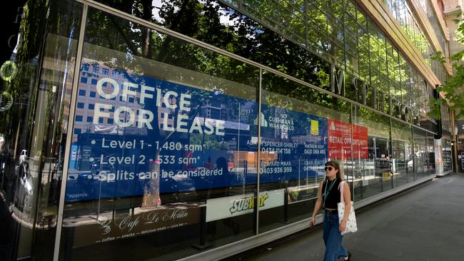 A ‘for lease’ notice on an empty retail outlet on Collins Street in Melbourne. Picture: Andrew Henshaw