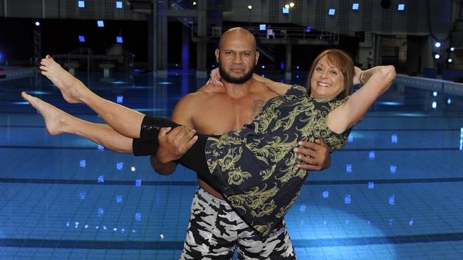 Denise Drysdale and Derek Boyer on the set of Celebrity Splash at Sydney Olympic Park Aquatic Centre. 