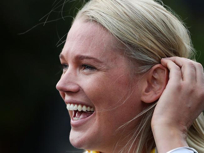 GOLD COAST, AUSTRALIA - APRIL 04:  Caitlin Thwaites speaks to the media during the Australian Pre-Opening Ceremony Media Opportunity at the Commonwealth Games Athletes Village on April 4, 2018 in Gold Coast, Australia.  (Photo by Lisa Maree Williams/Getty Images)