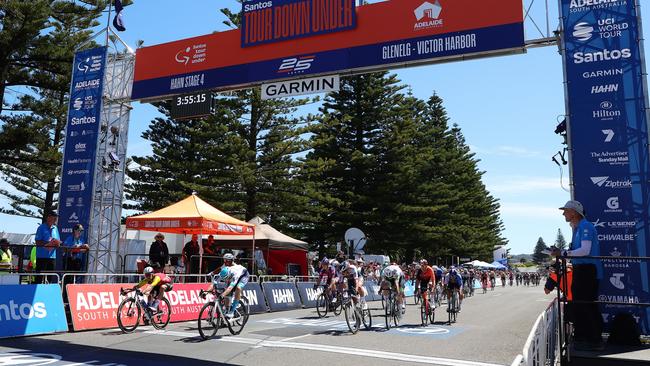 Coquard crosses the line first in Stage 4 at Victor Harbor. (Photo by Sarah Reed/Getty Images)