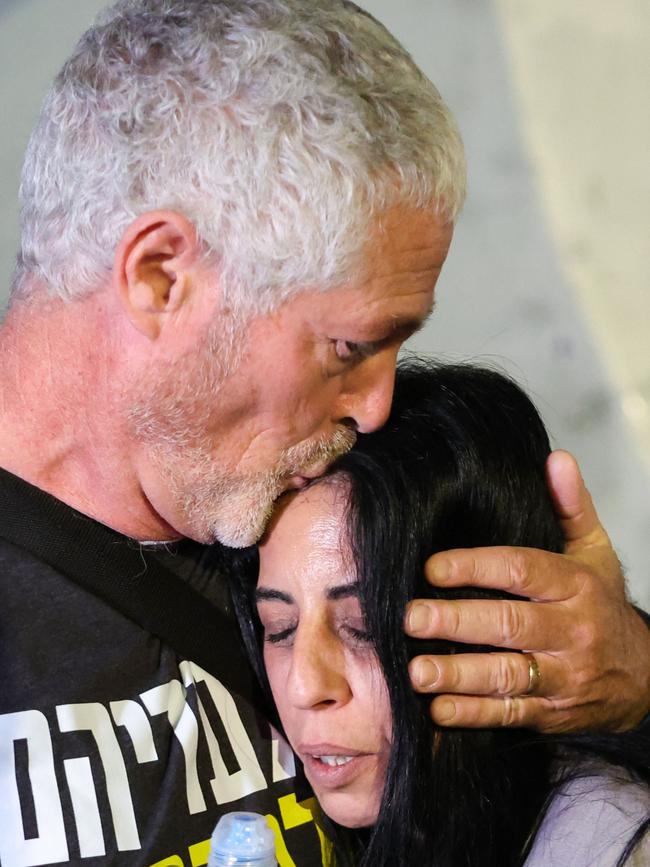 Mrs Zangauker is comforted by a supporter after Hamas released a video of her son. Picture: Jack Guez / AFP