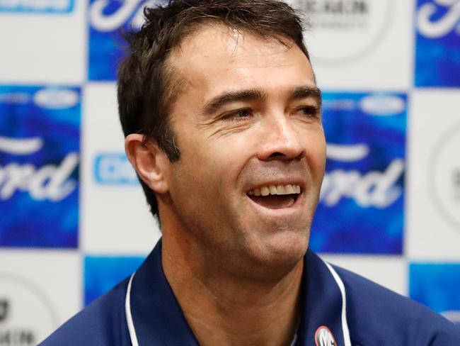 GEELONG, AUSTRALIA - AUGUST 07: Chris Scott, Senior Coach of the Cats speaks with media during a Geelong Cats AFL media opportunity at GMHBA Stadium on August 7, 2019 in Geelong, Australia. (Photo by Michael Willson/AFL Photos via Getty Images)