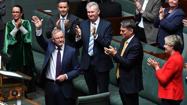 Anthony Albanese acknowledges the applause after his speech, including from Labor MPs Linda Burney, Mark Butler, Tony Burke, Richard Marles and Tanya Plibersek. Picture: Getty Images