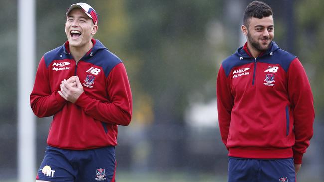 Melbourne training at Goschs Paddock. Bernie Vince and Christian Salem. Pic: Michael Klein. Monday May 5, 2014.