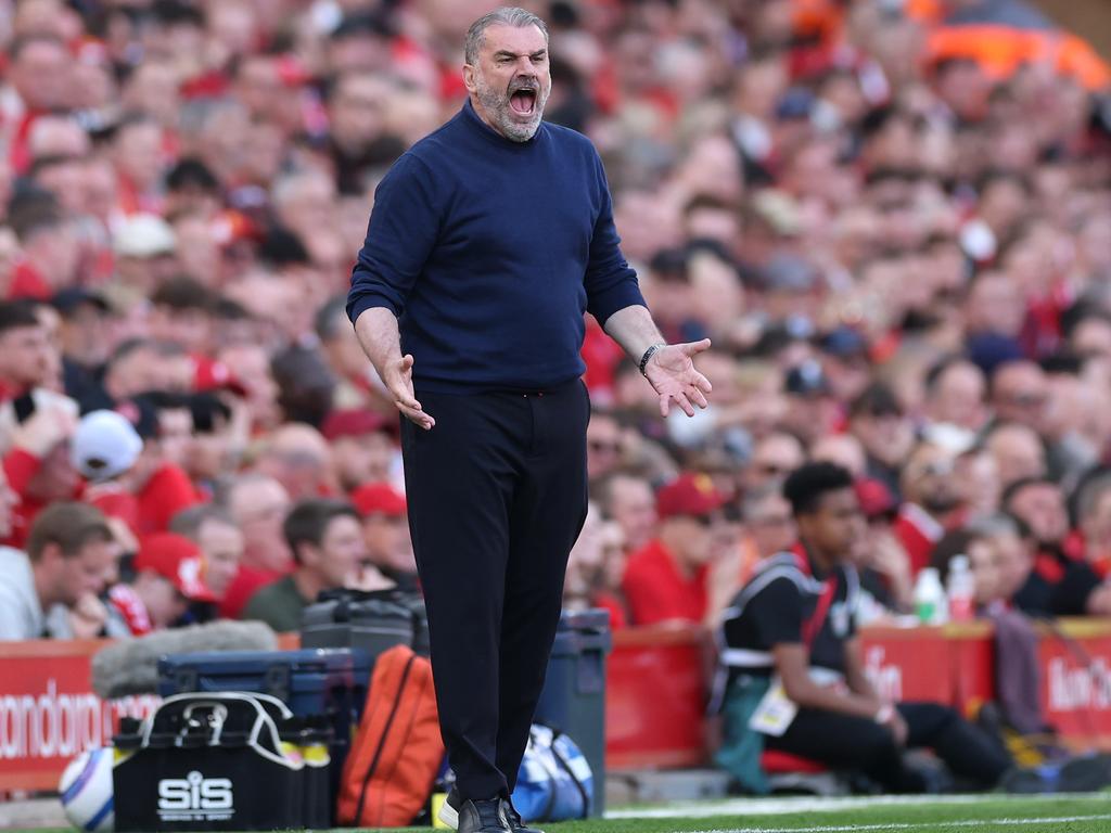 Spurs manager Ange Postecoglou expresses his frustrations during his team’s 5-1 loss to Liverpool. Picture: Carl Recine/Getty Images