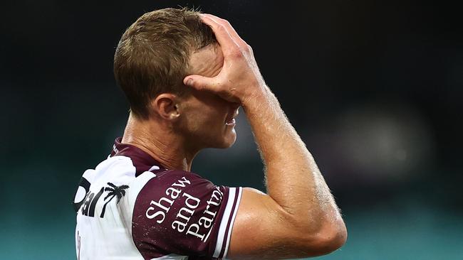 SYDNEY, AUSTRALIA - MARCH 13: Daly Cherry-Evans of the Sea Eagles reacts after another Roosters try during the round one NRL match between the Sydney Roosters and the Manly Sea Eagles at the Sydney Cricket Ground, on March 13, 2021, in Sydney, Australia. (Photo by Cameron Spencer/Getty Images)