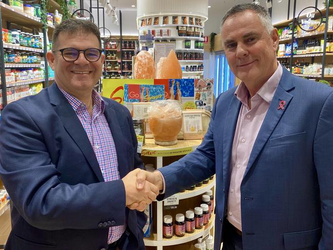 Go Vita CEO Terry Hughes with Reach China CEO Dr Mathew McDougall. They have a shared partnership to help bring more Australian health products to Daigou (Chinese shoppers). Picture: Supplied