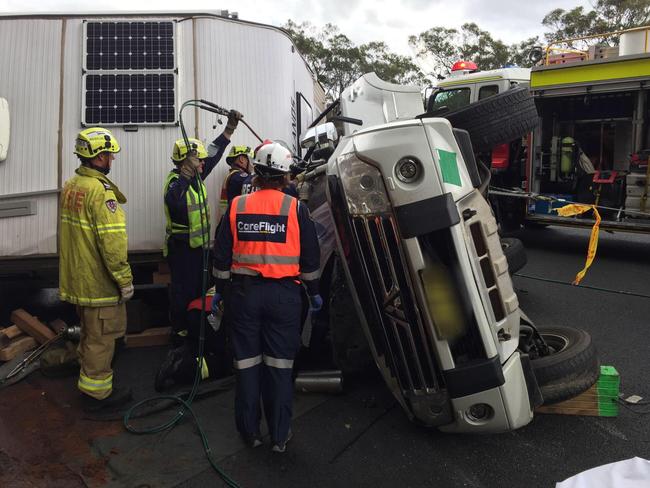 The 4WD flipped onto its roof near the weighbridge exit at Mount White. Pic: Careflight