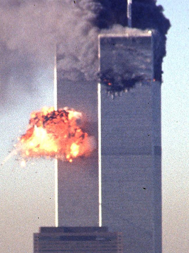 Smoke and flames erupt from the twin towers of the World Trade Center. Picture: Seth Mcallister/AFP