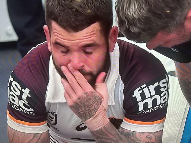 Broncos skipper Adam Reynolds cut a forlorn figure in the sheds. Picture: Fox Sports