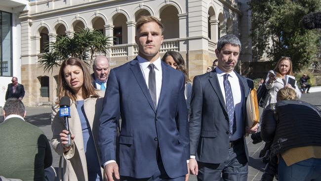 Dragons rugby league player Jack de Belin leaves Wollongong District Court on Friday. Picture: NCA NewsWire/Simon Bullard