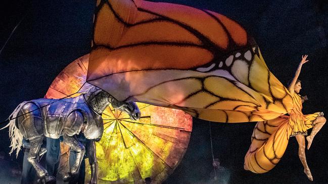 Helena Merten in a monarch butterfly-inspired costume for the opening scene of Luzia, with the prop horse worked on by Daniel Fulloon and Gina Bianco. Picture: Anne Collard