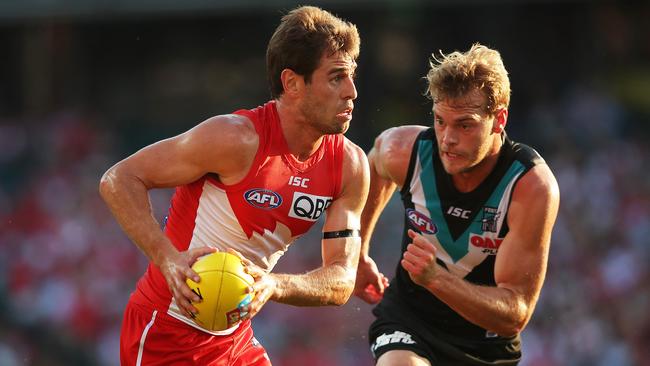 Port’s Jack Watts in hot pursuit of Sydney's Nick Smith. Picture: Phil Hillyard