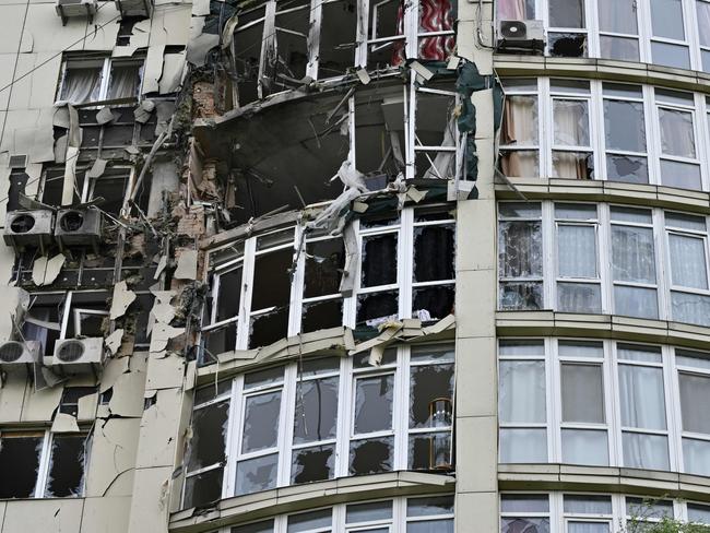 A high-rise residential building damaged by remains of a shot down Russian drone in Kyiv, amid the Russian invasion of Ukraine. Picture: AFP