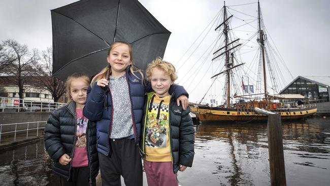 Lenny Hampton 4, Darcey Hampton 10 and Ollie Hampton 6 of Burnie at the Hobart waterfront. Picture: Chris Kidd