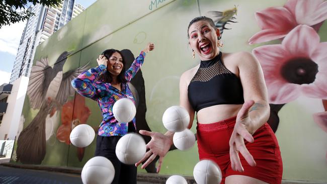 DJ Dameela (Dameila Thompson) and circus performer Lara Croydon pictured in Fish Lane, Brisbane. Picture: Josh Woning