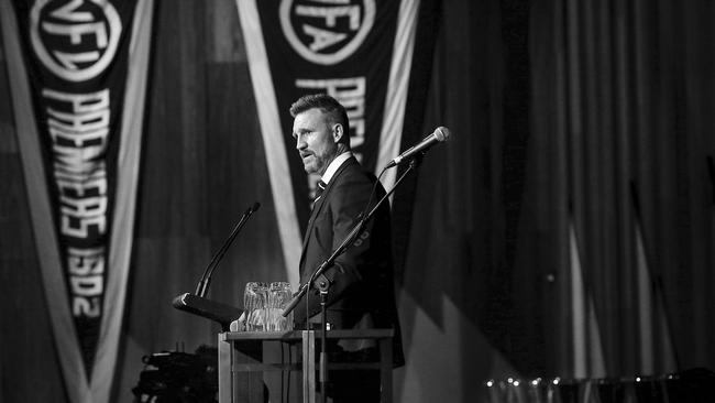 Nathan Buckley speaks at Collingwood’s Grand Final after-party. Picture: Ian Currie