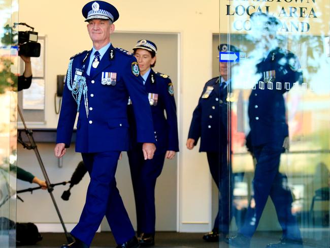 Retiring Police Commissioner walks out of Bankstown Police station after ‘signing off’. Picture: Adam Taylor