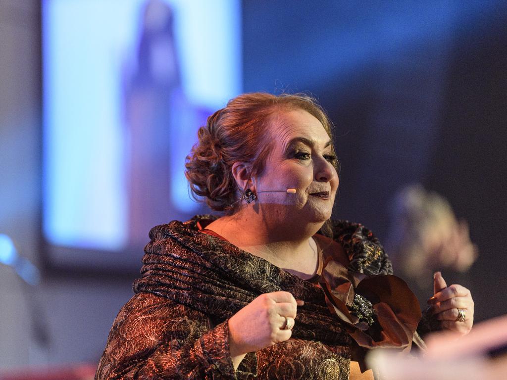 MC Kim Stokes on stage at the Business disAbility Awards of Australia at Edmund Rice Cultural Centre, Saturday, May 17, 2025. Picture: Kevin Farmer