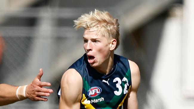 MELBOURNE, AUSTRALIA - APRIL 13: Tobie Travaglia of the AFL Academy in action during the 2024 AFL Academy match between the Marsh AFL National Academy Boys and Coburg Lions at Ikon Park on April 13, 2024 in Melbourne, Australia. (Photo by Michael Willson/AFL Photos via Getty Images)