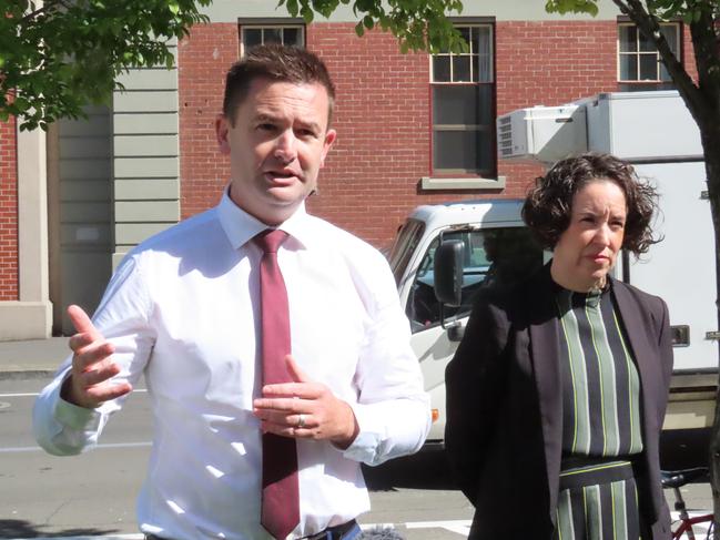 Labor leader MP Dean Winter and CPSU chief Thirza White speak to the media about budget cuts in Liverpool Street Hobart on Wednesday, February 5, 2025.