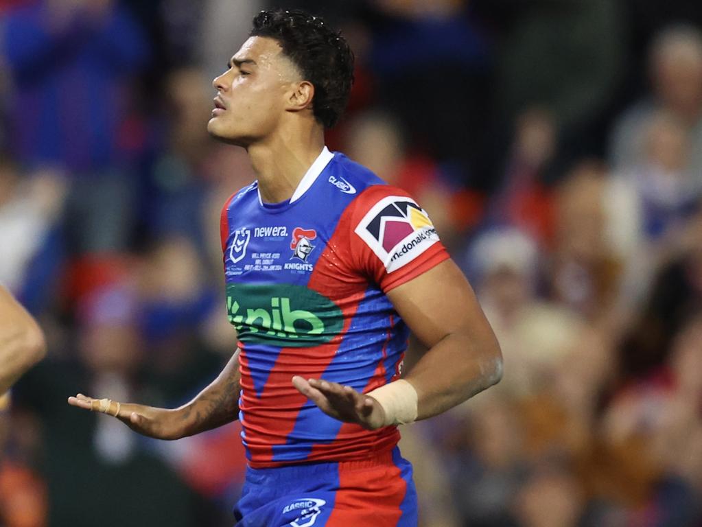 Will Pryce of the Knights celebrates a debut try. (Photo by Scott Gardiner/Getty Images)