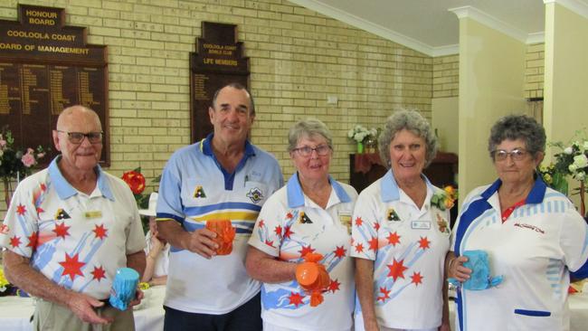 Cooloola Coast Bowls Club – Terry Chamberlain, David McClurg, Marg Turmaine, president Jill Falzon and Janet Patzwald.