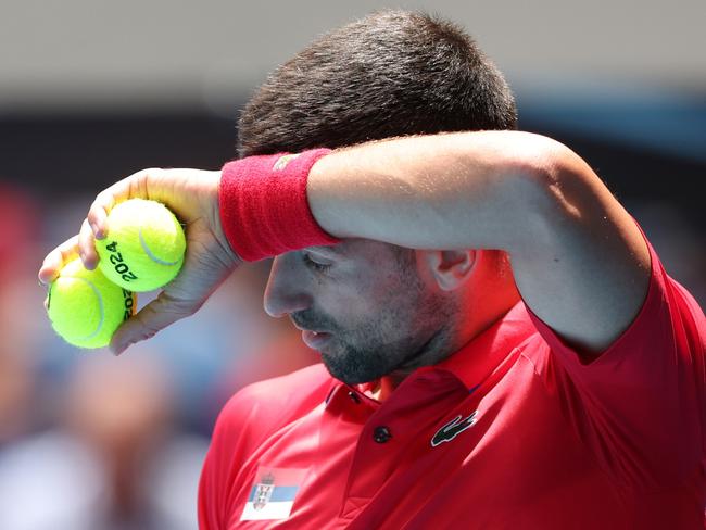 PERTH, AUSTRALIA - JANUARY 02: Novak Djokovic of Team Serbia looks on during the Men's singles match against  JiÃâ¢ÃÂ­ LeheÃÂka of the Czech Republic during day five of the 2024 United Cup at RAC Arena on January 02, 2024 in Perth, Australia. (Photo by Will Russell/Getty Images)