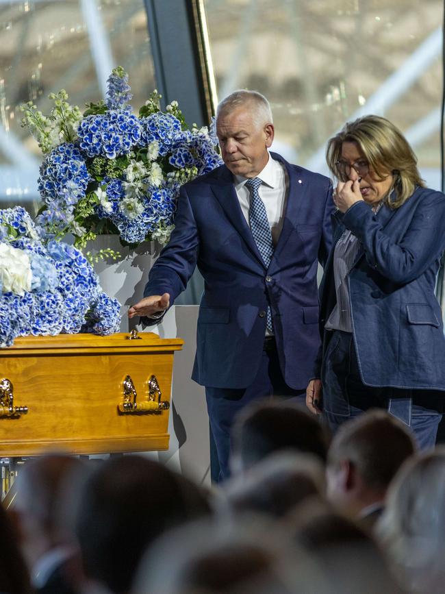 Police Commissioner Grant Stevens and his wife Emma farewell their son. Picture: Ben Clark