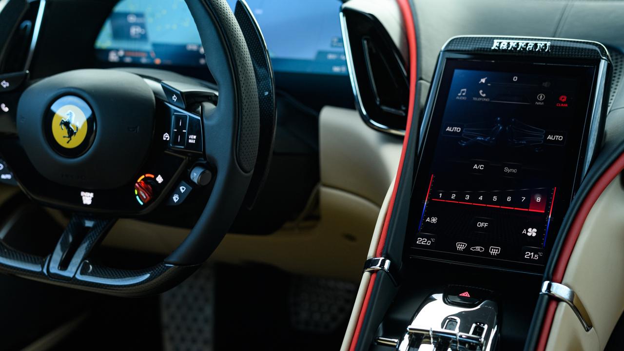 Ferrari’s Roma features a multi-purpose touchscreen instead of normal knobs and dials.