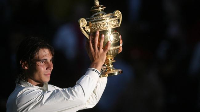 Nadal lifts the Wimbledon trophy. Picture: AFP