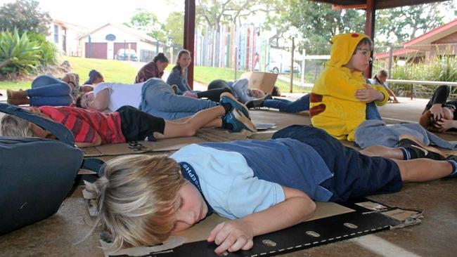 SLEEPING ROUGH: Year 3 student from St Joseph's Primary School at Alstonville, Hudson McGarry, joined another 67 students at the school in challenge to raise awareness and funds to support homeless people. Picture: Graham Broadhead