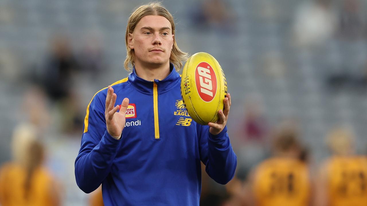 PERTH, AUSTRALIA - MAY 04: Harley Reid of the Eagles warms up before the 2024 AFL Round 08 match between the West Coast Eagles and the Essendon Bombers at Optus Stadium on May 04, 2024 in Perth, Australia. (Photo by Will Russell/AFL Photos via Getty Images)