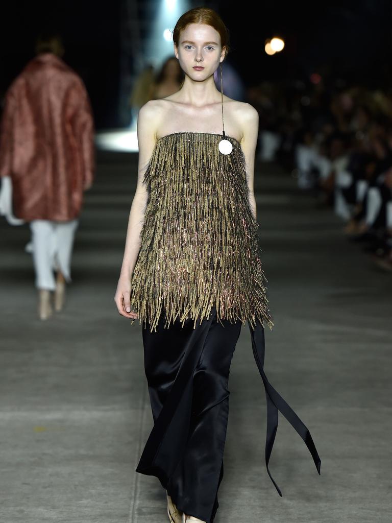 A model walks the runway at the Mercedes-Benz Presents Ellery show at Mercedes-Benz Fashion Week Australia 2015. Picture: Getty