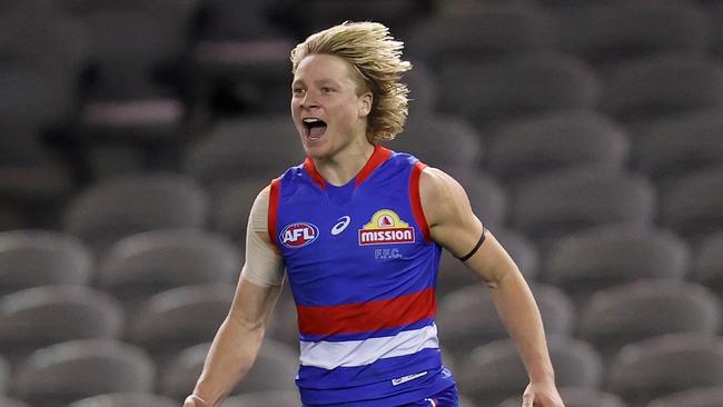 Cody Weightman celebrates a goal. Picture: Michael Willson/AFL Photos via Getty Images