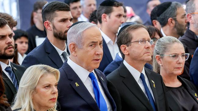 The Israeli Prime Minister's wife Sarah, Benjamin Netanyahu, President Isaac Herzog and First Lady Michal Herzog attend a memorial ceremony for Israelis killed on the Hebrew calendar anniversary of the Hamas attack on October 7 last year. Picture: AFP