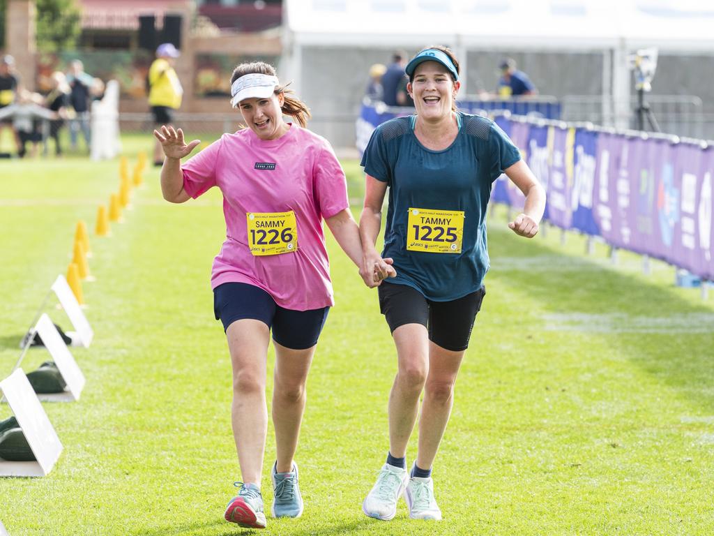 Dalby runners Sammy Stockley (left) and Tammy Maxwell complete the half marathon of the Toowoomba Marathon event, Sunday, May 5, 2024. Picture: Kevin Farmer