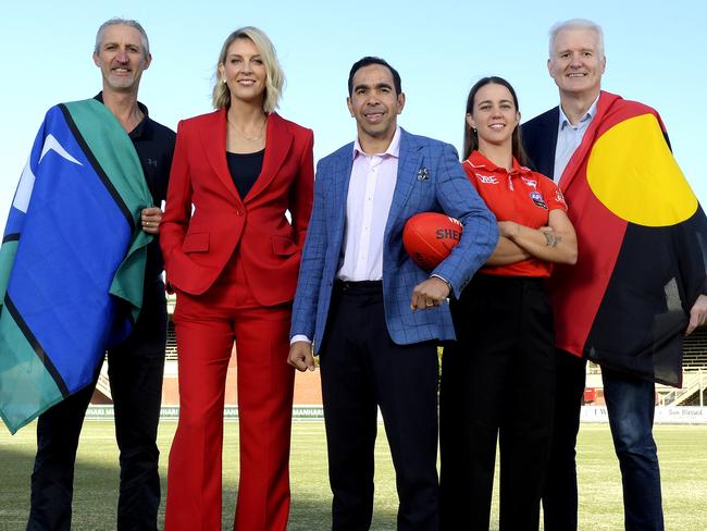 MELBOURNE, AUSTRALIA - MAY 26TH 2023;(LtoR) Jason Gillespie, Cath Cox, Eddie Betts, Carmen Marton and Andrew Gaze pose for portraits at the Sporting Codes Indigenous Voice to Parliament event at the Junction Oval on 26th of May 2023 in Melbourne , Australia. (Image/Martin Philbey) Local Caption*** Indigenous Voice to Parliament event