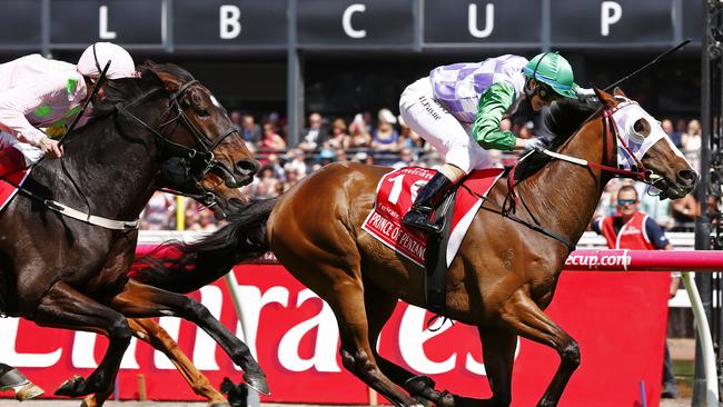 Jockey Michelle Payne, riding Prince Of Penzance, won the 2015 Melbourne Cup. picture: Colleen Petch