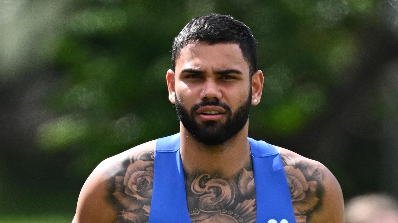 MELBOURNE, AUSTRALIA - NOVEMBER 17: Tarryn Thomas of the Kangaroos runs laps during a North Melbourne Kangaroos AFL training session at Arden Street Ground on November 17, 2023 in Melbourne, Australia. (Photo by Quinn Rooney/Getty Images via AFL Photos)