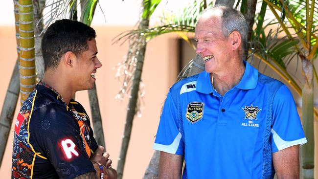 Dane Gagai talks to Wayne Bennett at the NRL All Stars and Indigenous All Stars media session. Pics Adam Head