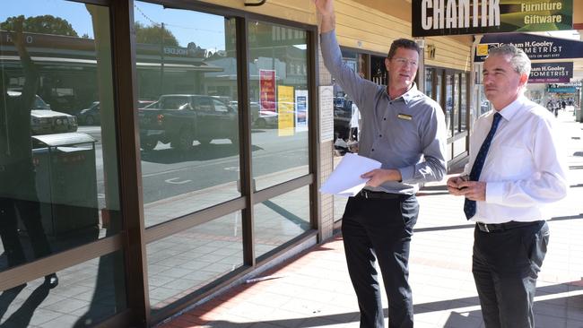 Kyogle General Manager Graham Kennett with Page MP Kevin Hogan looking at the proposed entry for the Kyogle Memorial Hall in 2017.