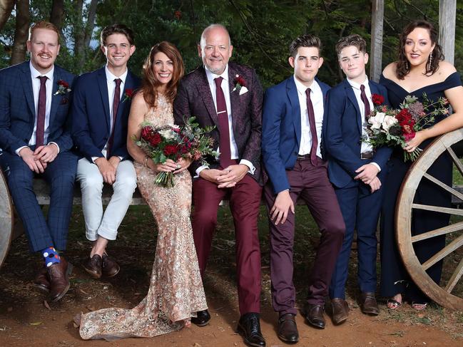 Robin Bailey with newly married husband Sean Pickwell and all of their children Jamie Pickwell, 22, Fin Smart, 18, Lewin Smart, 16, Piper Smart, 14, and Ally Pickwell, 25. Picture: Liam Kidston