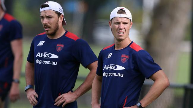 Bombers turned Demons Michael Hibberd and Jake Melksham. Picture: Wayne Ludbey