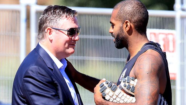 Heritier Lumumba with Collingwood president Eddie McGuire. Picture Wayne Ludbey