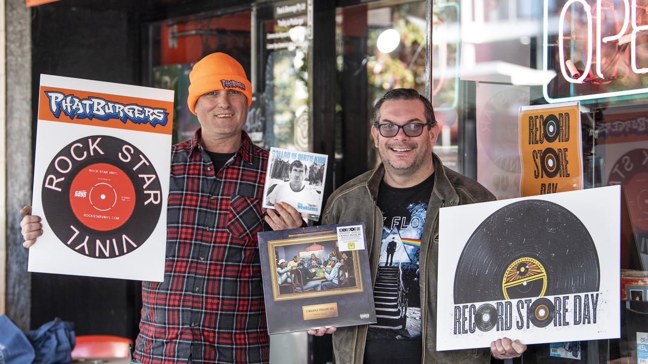 Alan Wynn (left) and Travis Howell are stocked and ready for Record Store Day at Phat Burgers on June 12. Picture: Nev Madsen.