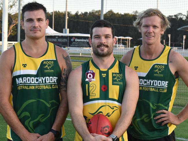 Maroochydore Roos QAFL players Mitch Scholand, Josh Govan and Josh Wagner. Picture: Eddie Franklin.