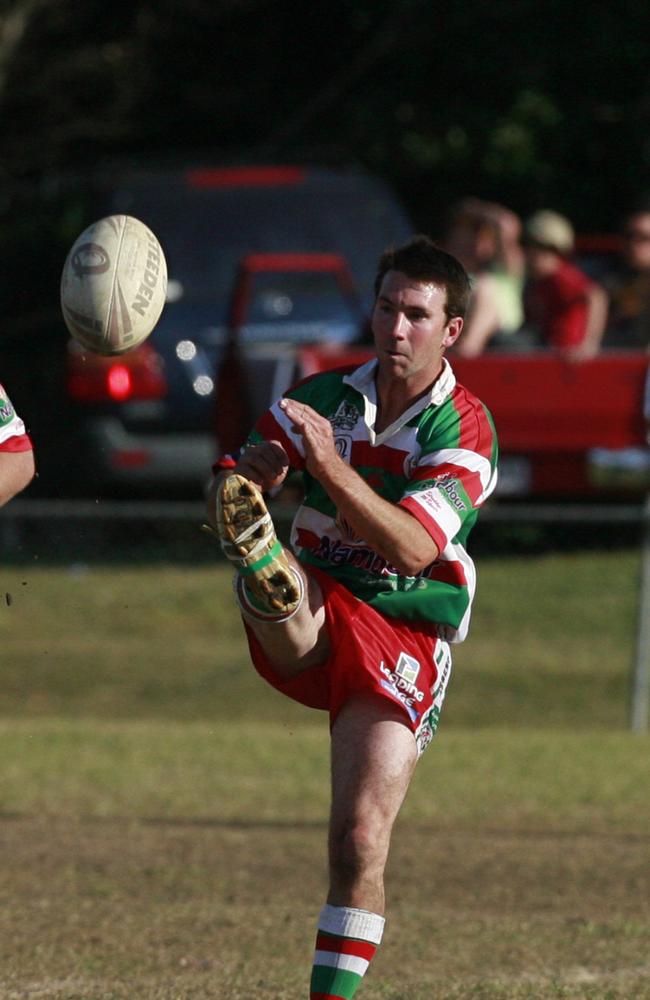 Nambour Crusher Stuart Mackenzie kicks in play during a 2008 game. Picture: Barry Leddicoat