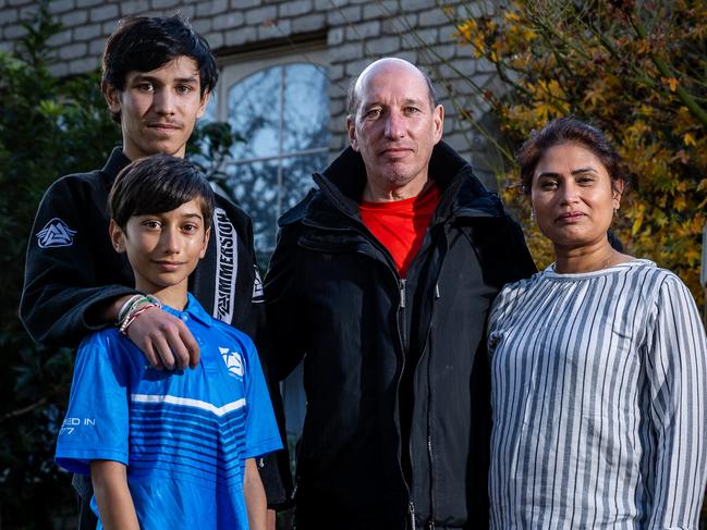 Gary, Giri, Mitchell (12) and Jayden (15) Thomas. Family is renting in Vermont South which is located in one of the most affordably stressed seats in Melbourne, while paying off their home in Clyde. Picture: Jake Nowakowski