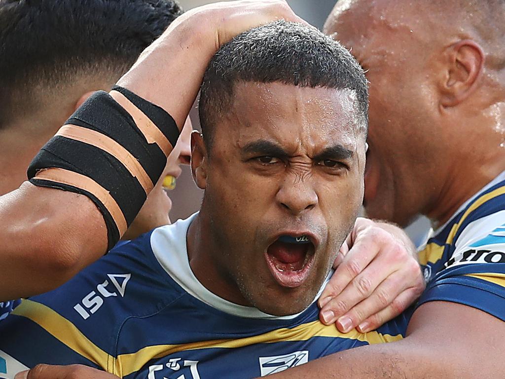 SYDNEY, AUSTRALIA - SEPTEMBER 15: Michael Jennings of the Eels celebrates scoring a try during the NRL Elimination Final match between the Parramatta Eels and the Brisbane Broncos at Bankwest Stadium on September 15, 2019 in Sydney, Australia. (Photo by Mark Metcalfe/Getty Images)